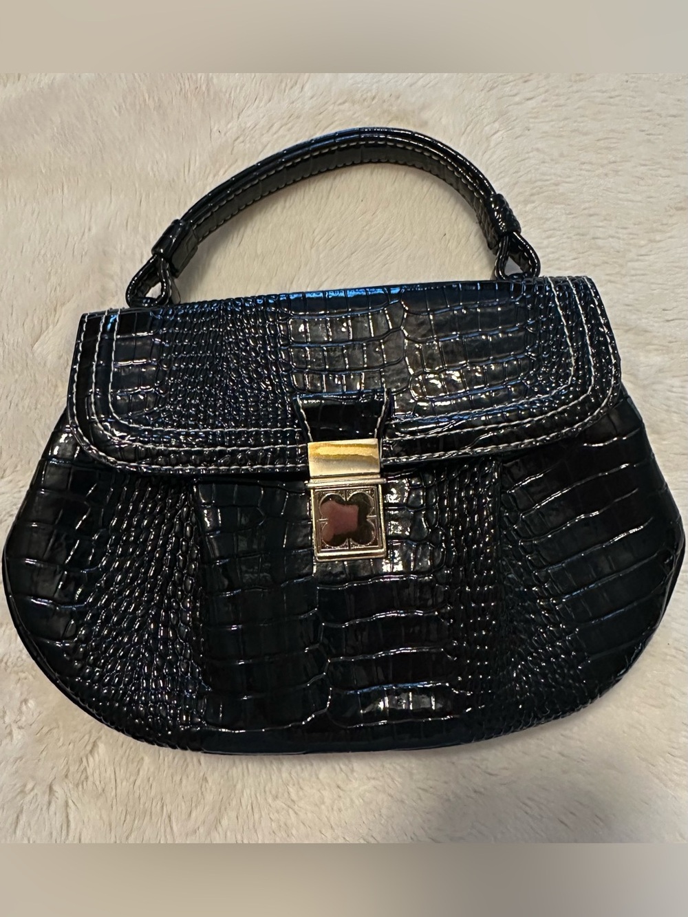 Liz Claiborne Black Croc-Embossed Top Handle Satchel with Gold-Tone Clasp
